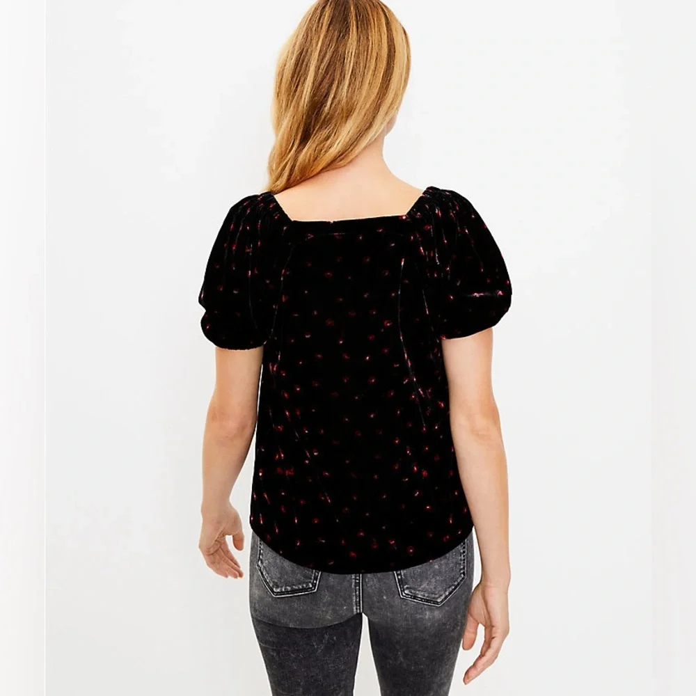 loft women’s size small petite Floral Velvet Puff Sleeve Top - Picture 2 of 3